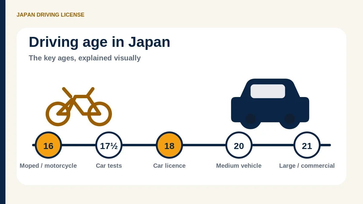日本の普通車・バイク・原付・大型車の免許取得年齢を示すタイムライン