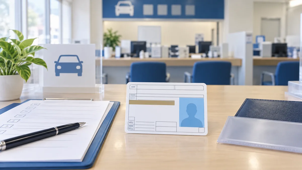 紛失した運転免許証の再交付準備を表す、書類と記入用紙のイメージ