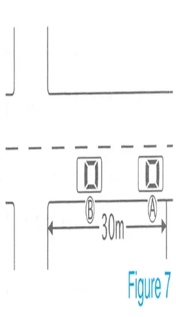 Japanese licence-test illustration: Vehicle A may overtake vehicle B if it is safe because the road they are traveling on has right of way.
