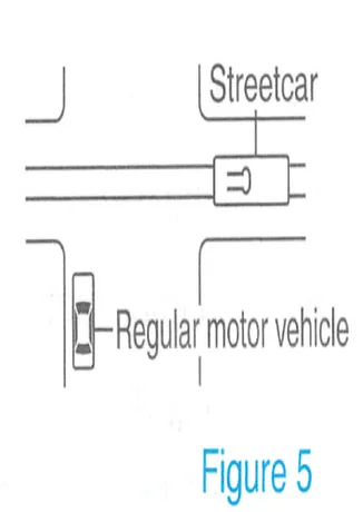 Japanese licence-test illustration: The vehicle on the wider street has right of way. (If the cross street is the same width, the vehicle may not obstruct the progress of…