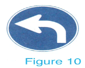 Japanese licence-test illustration: The sign designates that vehicles can only turn left (proceeding straight and turning right are prohibited).
