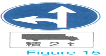 Japanese licence-test illustration: Any trucks with a maximum load of 2 tons or more may not execute a right turn.