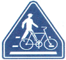 Japanese road sign: Blue square sign with pedestrian + bicycle