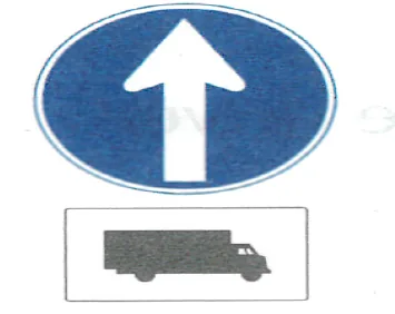 Japanese road sign: Blue round sign: straight-only arrow (with truck plate)