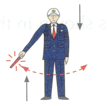 Japanese licence-test illustration: Police officer waving a lamp side-to-side