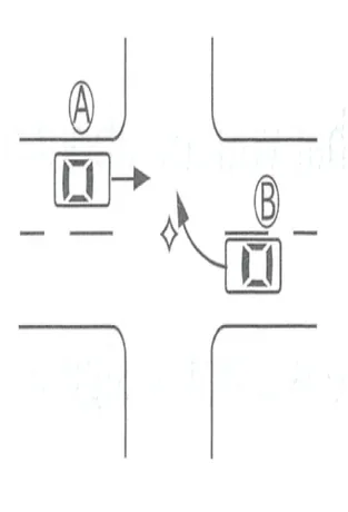 Japanese licence-test illustration: Intersection diagram: vehicles Ⓐ and Ⓑ