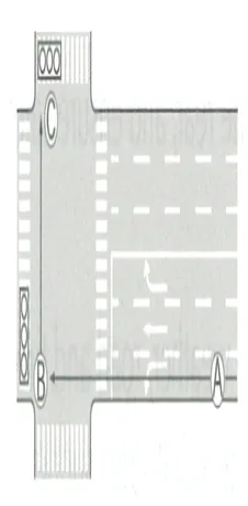 Japanese licence-test illustration: Diagram: moped two-step right turn (points Ⓐ Ⓑ Ⓒ)
