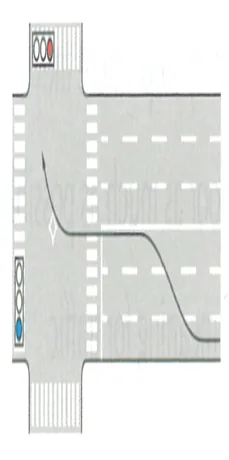 Japanese licence-test illustration: Diagram: moped right turn with signals