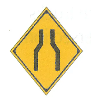 Japanese road sign: Yellow diamond sign: road narrows