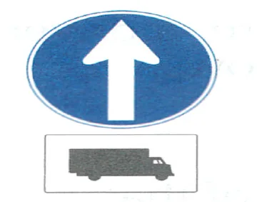Japanese road sign: Blue round sign: straight-only (with truck plate)